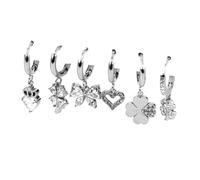 Flowers Orecchini set gruppi da 6 mono varie fantasia colori forme cuori chiavi stelle love croce ottone rodiato con zirconi incastonati (Farfalla quadrifoglio arg)