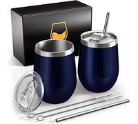 FloweryOcean Due Bicchieri da vino termici in acciaio inox 350 ml,tazza isolata sottovuoto a doppio strato,senza BPA,tazze caffè riutilizzabili,adatto per campeggio,viaggio,Blu Scuro