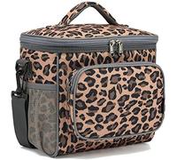 FlowFly Borsa termica riutilizzabile per il pranzo per adulti, grande, per donne e uomini, con tracolla regolabile, tasca frontale con cerniera e doppie grandi tasche laterali in rete, leopardato