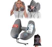 FLOWZOOM AIR Cuscino da viaggio gonfiabile con cappuccio Grigio, Taglia L | Forma di H, 5 posizioni, rigidità regolabile, 260 g, fodera lavabile, tappi per le orecchie, aereo, auto e autobus