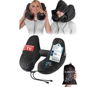 FLOWZOOM AIR Cuscino da viaggio gonfiabile con cappuccio Nero, Taglia L | Forma di H, 5 posizioni, rigidità regolabile, 260 g, fodera lavabile, tappi per le orecchie, aereo, auto e autobus