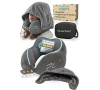 FLOWZOOM Comfy Cuscino da Viaggio con Cappuccio in Schiuma Memory per Aereo e Auto - Cuscino per il Collo Regolabile con Supporto a 360°, Fodera Lavabile e Sacchetto in Rete per il Trasporto - Grigio