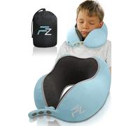 FLOWZOOM Comfy Kids Cuscino da Viaggio per Bambini - Cuscino per Aereo e Auto in Schiuma Memory con Larghezza Regolabile, Fodera Vellutata Lavabile e Sacchetto in Rete - Blu, Taglia M (de 6 anni)
