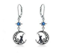Flpruy Orecchini a forma di gatto, in argento Sterling 925, a forma di luna, con pietra portafortuna, chiusura sicura a monachella, gioielli da donna, regalo per gli amanti dei gatti (12 mesi a scelta