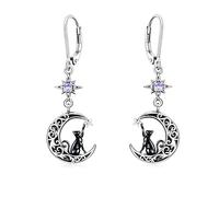 Flpruy Orecchini a forma di gatto, in argento Sterling 925, a forma di luna, con pietra portafortuna, chiusura sicura a monachella, gioielli da donna, regalo per gli amanti dei gatti (12 mesi a scelta
