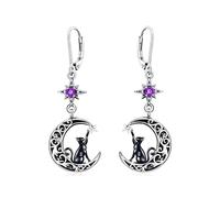 Flpruy Orecchini a forma di gatto, in argento Sterling 925, a forma di luna, con pietra portafortuna, chiusura sicura a monachella, gioielli da donna, regalo per gli amanti dei gatti (12 mesi a scelta