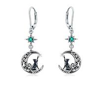 Flpruy Orecchini a forma di gatto, in argento Sterling 925, a forma di luna, con pietra portafortuna, chiusura sicura a monachella, gioielli da donna, regalo per gli amanti dei gatti (12 mesi a scelta