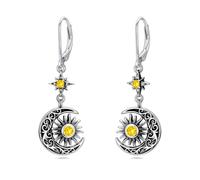 Flpruy Orecchini a forma di luna e sole, in argento Sterling 925, ciondolo vintage a forma di stella con pietra portafortuna e zirconi, ipoallergenici, regalo per donna, Argento sterling, Non pietra