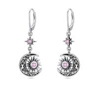 Flpruy Orecchini a forma di luna e sole, in argento Sterling 925, ciondolo vintage a forma di stella con pietra portafortuna e zirconi, ipoallergenici, regalo per donna, Argento sterling, Non pietra