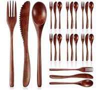 Fltaheroo Cucchiaio di Legno Forchetta Coltello Posate Set di Utensili da Tavolo in Legno Cucina Posate in Legno Set di Posate (24 Pezzi)