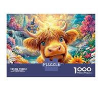 Fluffy Calf by Waterfall And Flowers Puzzle Da 1000 Pezzi Cute Highland Cow Elemento Essenziale Per Le Serate Di Giochi in Famiglia, Adulti E Bambini 52x38cm/1000pcs