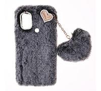 Fluffy Fur Plush Case per TCL 30E/TCL 30 SE Custodia Peluche Faux Pelliccia Pelosa e Morbida LOVE Peluche Pom Pom Luccichio Diamante Silicone Bumper Pretettiva Cover per TCL 305/TCL 306,Grigio Scuro