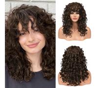 FLUFYMOOZ Curly wig with bangs parrucca riccia con frangia da donna, parrucca lunga da 50 cm, con frangia sottile, resistente al calore, morbida parrucca sintetica per donna (marrone noce)