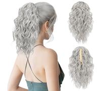 FLUFYMOOZ Estensione per capelli a coda di cavallo, 31 cm, ondulata e riccia con clip per il mento, parrucche sintetiche da donna, colore grigio/argento/bianco