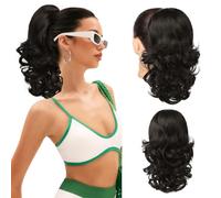 Flufymooz Extension a coda di cavallo, 35,5 cm, corta con coulisse, extension per capelli da donna, capelli sintetici morbidi, da donna (nero marrone)