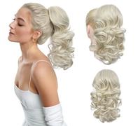 Flufymooz Extension a coda di cavallo, 35,5 cm, corta con coulisse, extension per capelli da donna, coda di cavallo sintetica morbida, da donna (biondo bianco)