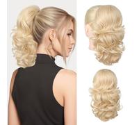Flufymooz Extension a coda di cavallo, 35,5 cm, corta con coulisse, extension per capelli da donna, coda di cavallo sintetica morbida, da donna (biondo chiaro con evidenziazioni)