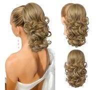 Flufymooz Extension a coda di cavallo, 35,5 cm, corta con coulisse, extension per capelli da donna, coda di cavallo sintetica morbida, da donna (biondo scuro con evidenziazione)