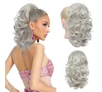 Flufymooz Extension a coda di cavallo, 35,5 cm, corta con coulisse, extension per capelli da donna, coda di cavallo sintetica morbida, da donna (grigio argento)