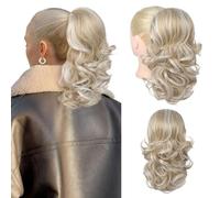 Flufymooz Extension a coda di cavallo, 35,5 cm, corta con coulisse, extension per capelli da donna, coda di cavallo sintetica morbida, da donna (biondo cenere con riflessi biondo bianco)