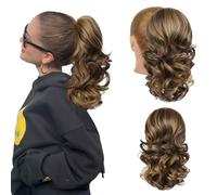 Flufymooz Extension a coda di cavallo, 35,5 cm, corta con coulisse, extension per capelli da donna, coda di cavallo sintetica morbida, da donna (colore marrone cioccolato con biondo medio)