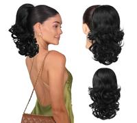 Flufymooz Extension a coda di cavallo, 35,5 cm, corta con coulisse, extension per capelli da donna, morbida coda di cavallo sintetica (nero)