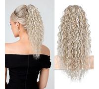 FLUFYMOOZ Extension a coda di cavallo, 56 cm, in stile bohémien, con coulisse, extension per capelli da donna, capelli lunghi ricci e mossi, capelli sintetici naturali da donna (56 cm, biondo chiaro