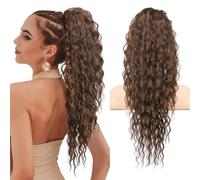Flufymooz Extension a coda di cavallo, 66 cm, in stile bohémien, con coulisse, extension per capelli da donna, capelli lunghi ricci e mossi, coda di cavallo sintetica naturale, da donna (marrone