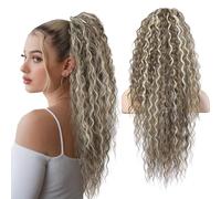 Flufymooz Extension a coda di cavallo, 66 cm, in stile bohémien, con coulisse, extension per capelli da donna, capelli lunghi ricci e mossi, capelli sintetici naturali, da donna (castano cenere con