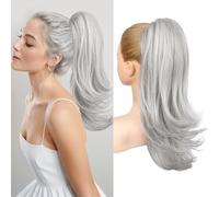 Flufymooz Extension a coda di cavallo da donna, 50,8 cm, con coulisse, extension per capelli da donna, morbida, dall'aspetto naturale, sintetico, coda di cavallo (grigio/argento/bianco misto)