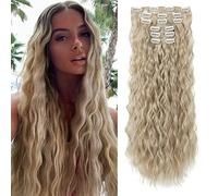 FLUFYMOOZ - Extension con clip, 60 cm, 6 pezzi, lunghe, ondulate, extension sintetiche spesse e naturali per capelli femminili, biondo cenere naturale