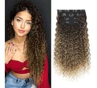 FLUFYMOOZ Extension per capelli a clip, da 4 pezzi, al 100% in pura seta proteica, lunghe, morbide, naturali, ricce, da 50 cm, per donne, da marrone scuro a marrone chiaro