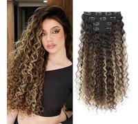 FLUFYMOOZ Extension per capelli a clip, da 4 pezzi, al 100% in pura seta proteica, lunghe, morbide, naturali, ricce, da 50 cm, per donne, marrone castano/biondo misto