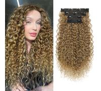 FLUFYMOOZ Extension per capelli a clip, da 4 pezzi, al 100% in pura seta proteica, lunghe, morbide, naturali, ricce, ricce, da 50 cm, per donne, da biondo scuro a marrone chiaro