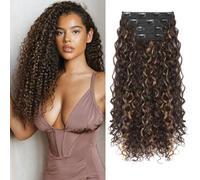 FLUFYMOOZ - Extension per capelli con clip, 4 pezzi, 100% pura seta proteica, capelli ricci lunghi e morbidi, 50 cm, extension per donne (castano con riflessi biondo scuro)