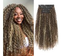 FLUFYMOOZ Extension per capelli con clip, 50,8 cm, 4 pezzi, 100% pura seta proteica, per donne bianche e nere, extension per capelli lunghi e ricci (castano medio con riflessi biondi)