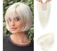Flufymooz Topper di Capelli Umani Veri per Donne, Frangia a Clip da 25,4 cm, Topper di Capelli Umani 100% per Capelli Diradati, Pezzi per Capelli di Copertura con Base in Seta Densità 150% - Bianco