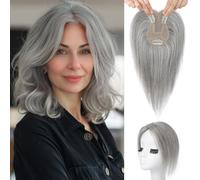 Flufymooz Topper in 100% veri capelli umani da donna, 25,4 cm, con clip, per diradare i capelli, copertura 3D a 360°, capelli naturali con base in seta 11,4 x 7,6 cm, colore grigio chiaro