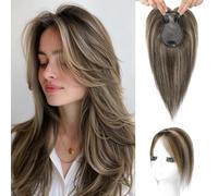 Flufymooz Topper in 100% veri capelli umani da donna, 25,4 cm, con clip, per diradare i capelli, copertura 3D a 360°, capelli naturali castano cioccolato con biondo