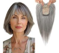 Flufymooz Topper per capelli veri da donna, 25,4 cm, con clip, 100% capelli umani per diradare, copertura per capelli con base in seta 150% densità, colore grigio