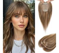 Flufymooz Topper per capelli veri da donna, 25,4 cm, con clip, 100% capelli umani per diradare, copertura per capelli con base in seta 150% densità, marrone medio con biondo