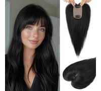 Flufymooz Topper per capelli veri da donna, 25,4 cm, con clip, 100% capelli umani per diradare, copertura per capelli con base in seta con densità 150%, colore nero naturale