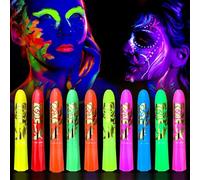 Fluorescenti Matite Trucco per Viso e Corpo, 10 Colori Lavabile UV Fluorescente Colorato Neon Kit, Pittura Corpo Sicuro e Non Tossico per Feste di Compleanno, Cosplay, Halloween e Natale