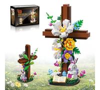 Fluorspar blaster Easter Cross Flower Building Blocks Set - Jesus Botanical Lily Cross with Bunny, Lamb & Eggs - Religious Christian Gifts for Women & Adults - Spring Resurrection Home Decor