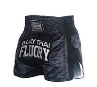 FLUORY Pantaloncini da Muay Thai, resistenti agli strappi, da boxe, MMA, combattimento, calcio, abbigliamento per uomini, donne, bambini, arti marziali, allenamento, grpling., Nero-mtsf69, S
