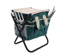 Flur Silva Sgabello con Set Organizer Kit 7 Attrezzi da Giardino Giardinaggio Sediolino Pieghevole