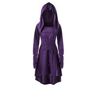 FlutVolt Abbigliamento medievale da donna, abito rinascimentale con cappuccio, maniche lunghe, con lacci, gotico, retrò, gonna, cosplay, Halloween, carnevale, Halloween, costume medievale, costume da