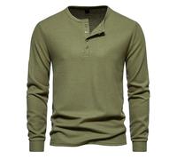 FlutVolt Maglietta da uomo basic a maniche lunghe, Henley, per il tempo libero, con bottoni, leggera, da pescatore, slim fit, per autunno, casual, in cotone, verde militare, XL