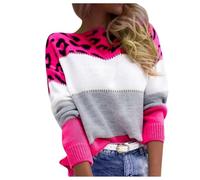 FlutVolt Maglione da donna con stampa leopardata, a maniche lunghe, girocollo, patchwork, autunno/inverno, elegante stile norvegese, 1 rosa acceso., M