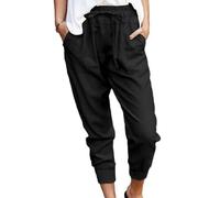 FlutVolt Pantaloni Capri da donna in cotone e lino, pantaloni corti estivi leggeri a 3/4, pantaloncini da spiaggia casual a tinta unita, pantaloni casual, pantaloni larghi a 3/4, Z5 Nero, S